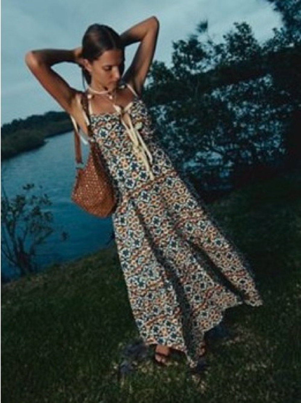 Free People Printed Maxi Sundress with Tie Front - Palma in Pear Sorbet